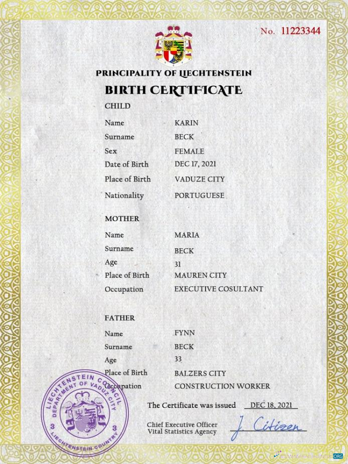 Download Liechtenstein vital record birth certificate PSD template Photoshop template